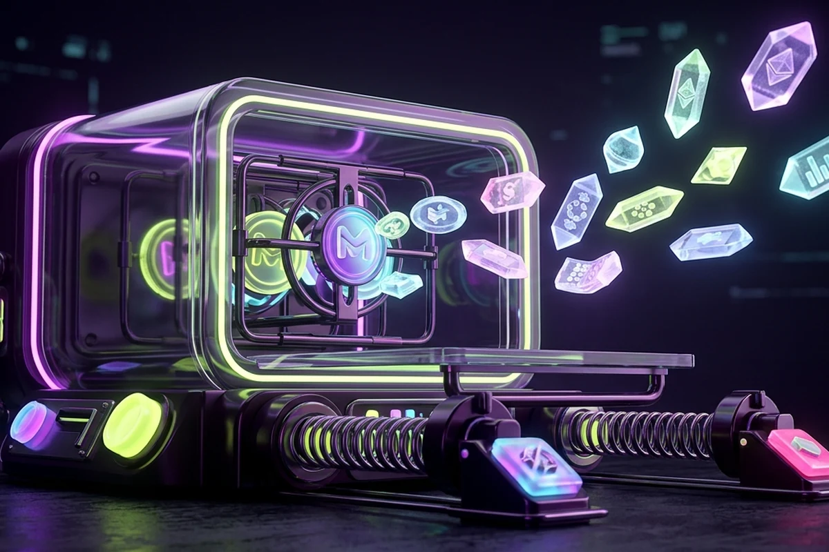 MONSTA tokens locked in a neon staking oven while receipt assets and time commitments emerge