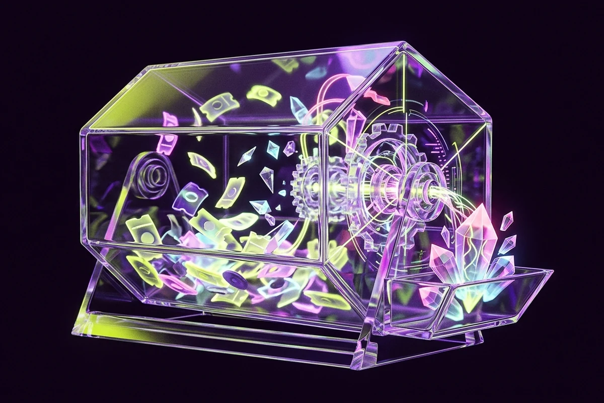 Transparent crypto lottery drum revealing ticket pool, odds, prize and randomness mechanism