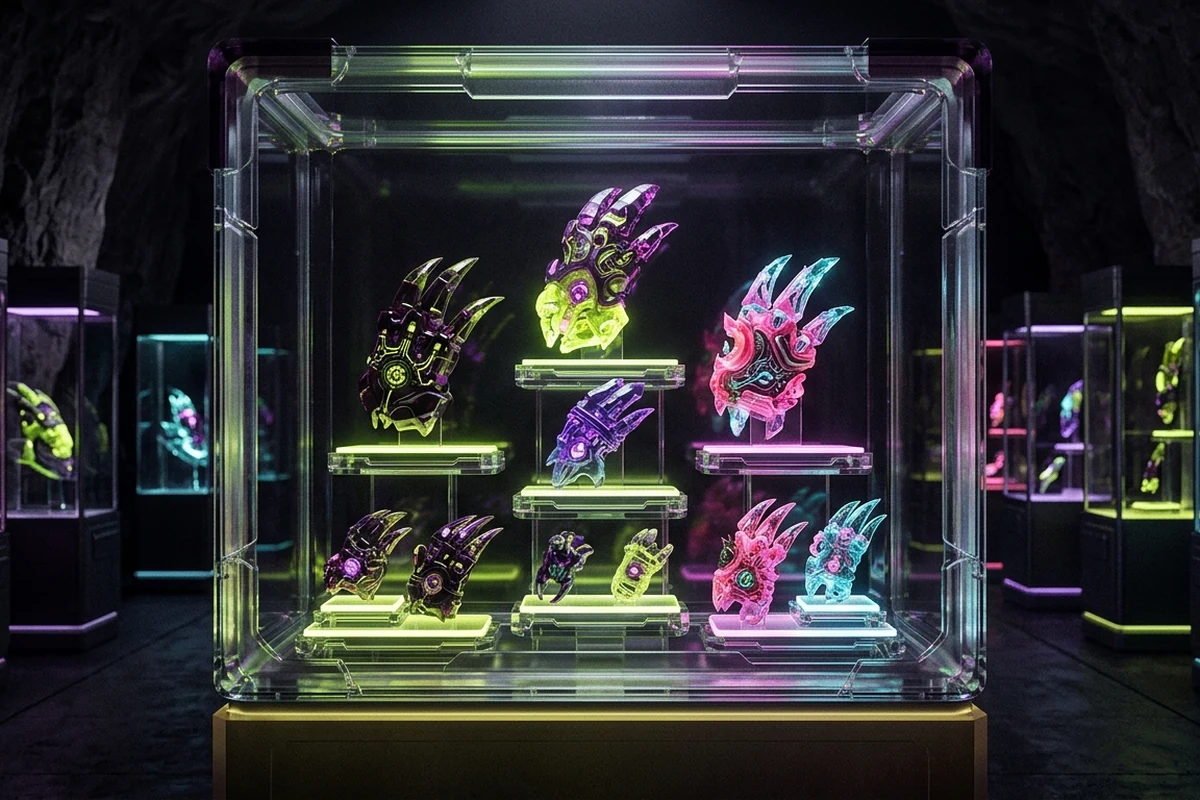 Tiered crystalline claw collectibles displayed inside a Cake Monster reward museum