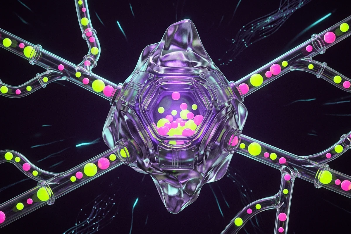 Crystalline Gravity Vault accumulating glowing reserve orbs through transparent DeFi pipes
