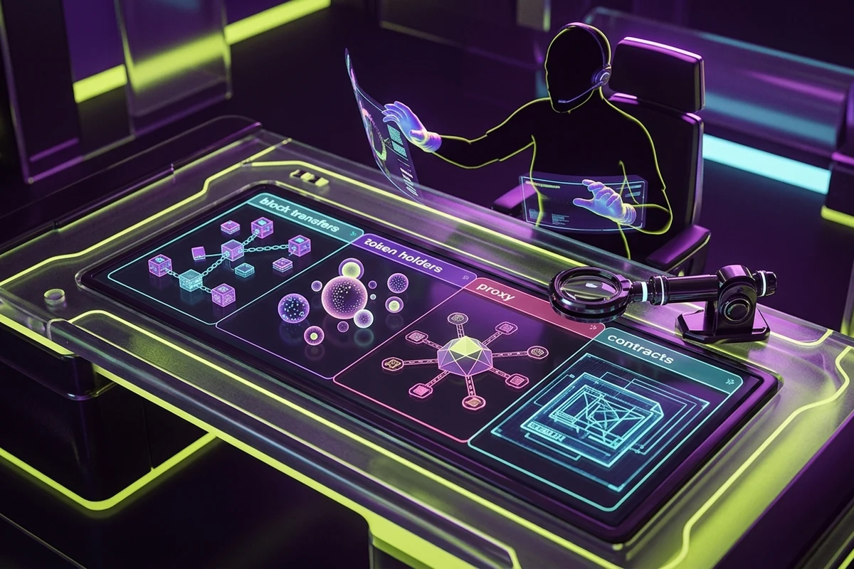Forensic blockchain explorer desk examining MONSTA transfers, holders, proxy and contract tabs