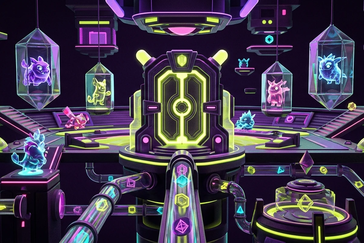 Playful neon game arena with MONSTA creature collectibles, reward portals and custody gates