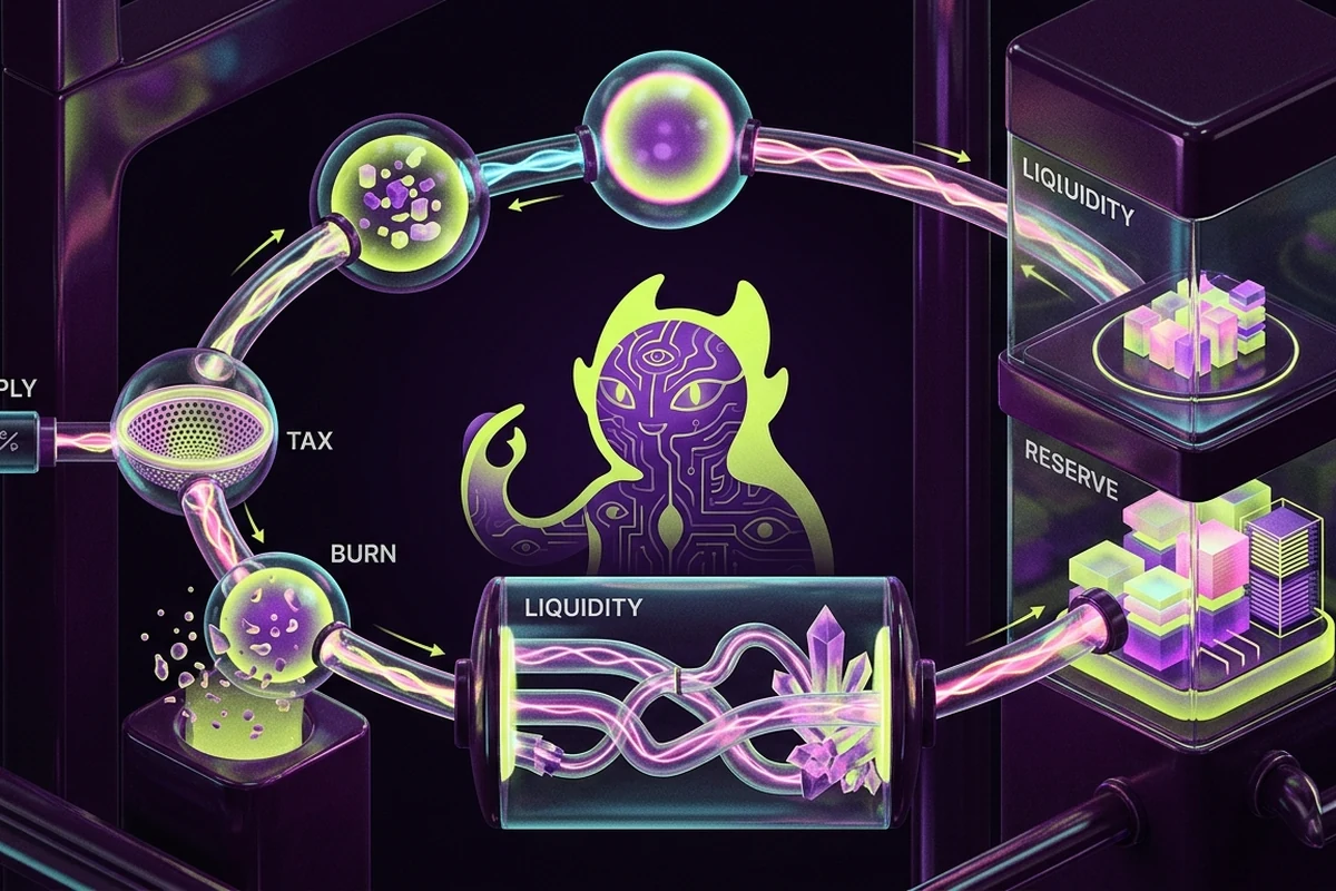 MONSTA economic loop connecting supply, tax, burn, liquidity and reserve accounting