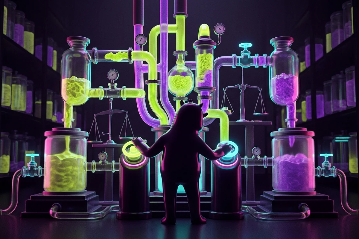 Cake Monster keeper operating a vault-processing kitchen of pipes, scales and reserve vessels