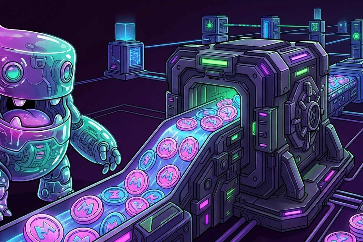 Cybernetic Cake Monster beside a MONSTA token flow, reserve vault and BNB Chain nodes