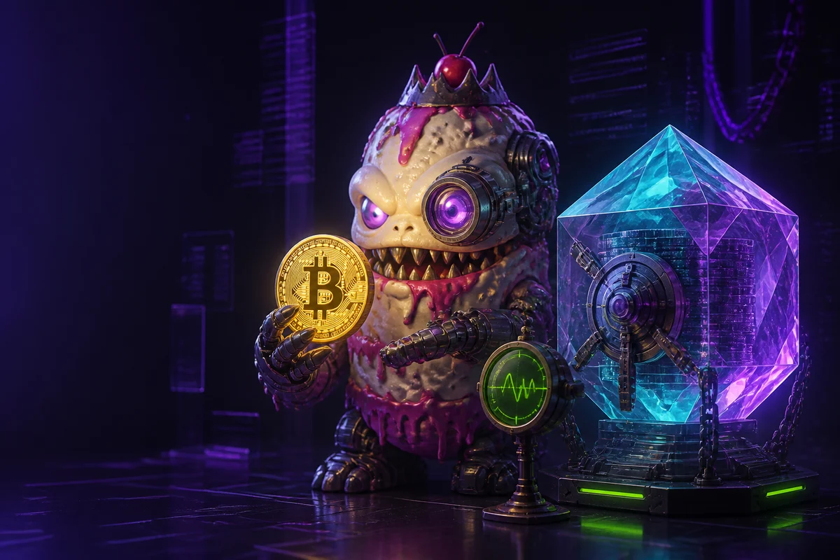 Cybernetic Cake Monster comparing a Bitcoin coin with a crystalline protocol reserve vault
